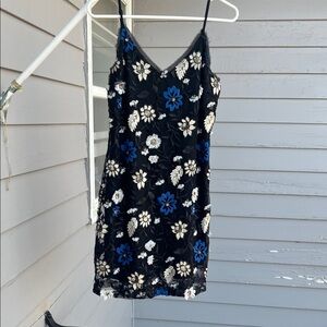 Miss Me Black Mini Dress with Blue and White Floral Pattern